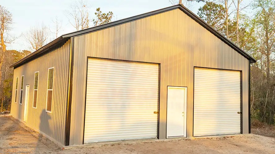 Tan Vertical Style Garage with Black Trim and Vertical Panels