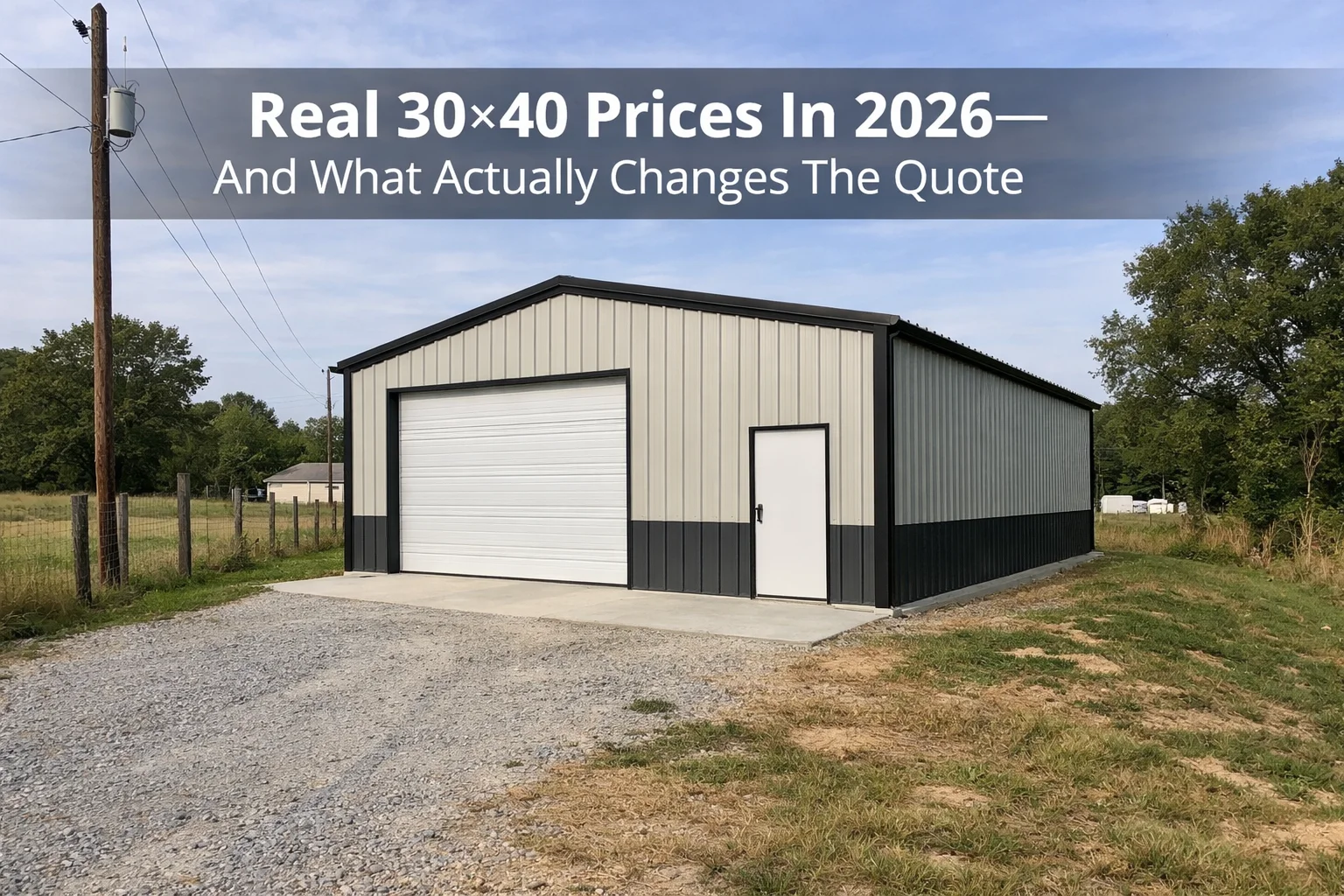 Real 2026 Pricing For A 30×40 Metal Garage. See Installed Shell Vs All-In Budget, Typical Slab Costs, And What Changes Quotes Fast—Height, Doors, And County Wind/Snow Requirements.